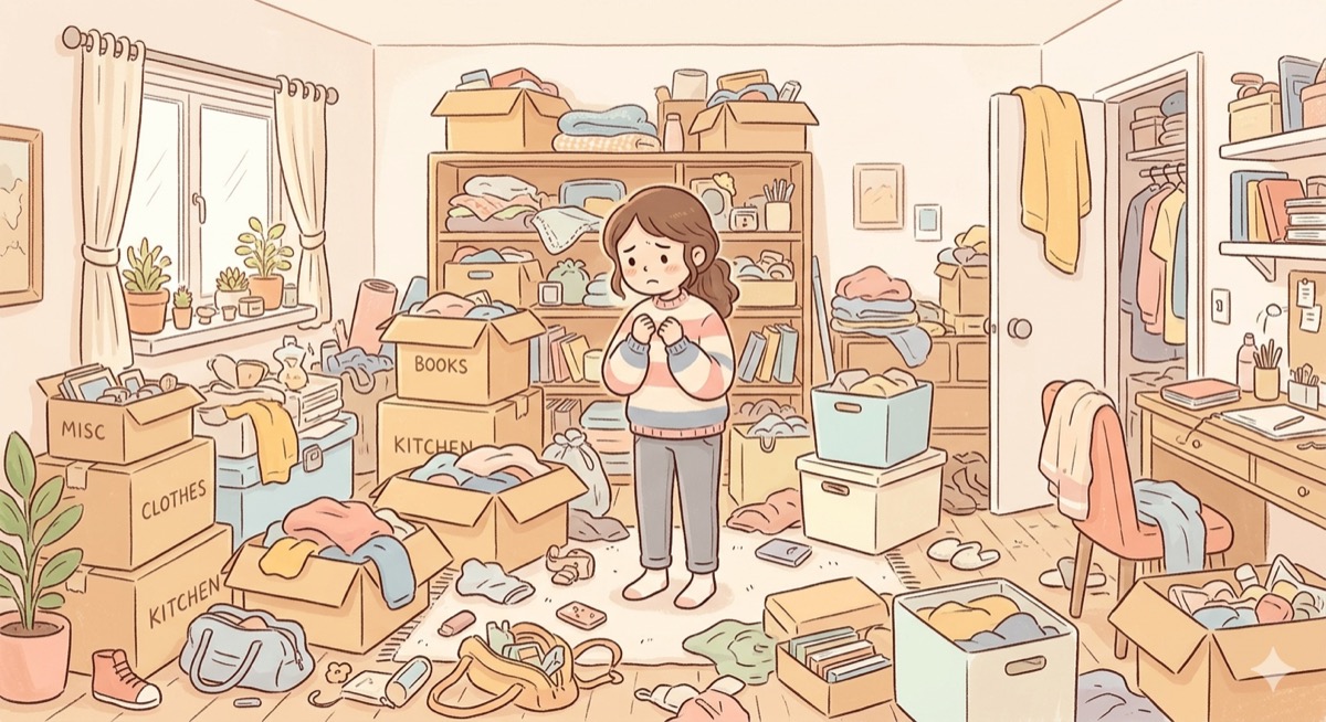 収納グッズを買っても片付かない部屋のイラスト