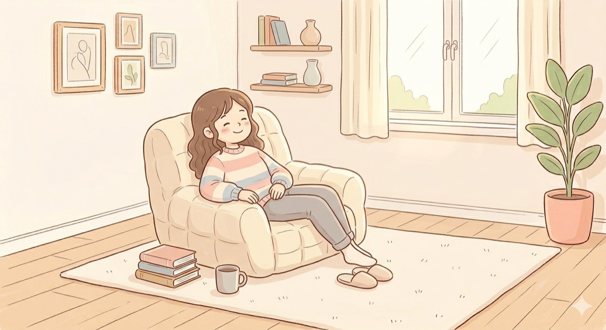 すっきり片付いた部屋でくつろぐイラスト