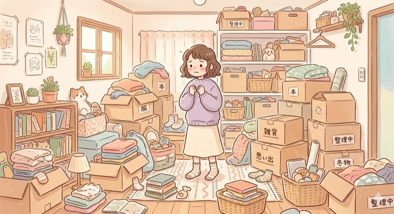 物が多い部屋で悩む女性のイラスト