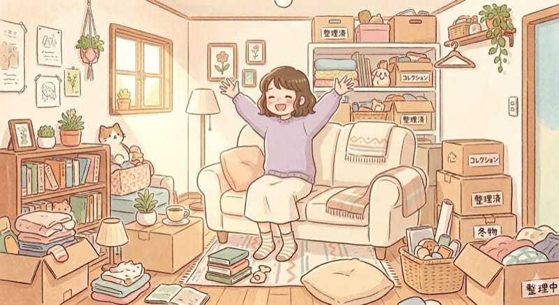 すっきりした部屋で喜ぶ女性のイラスト
