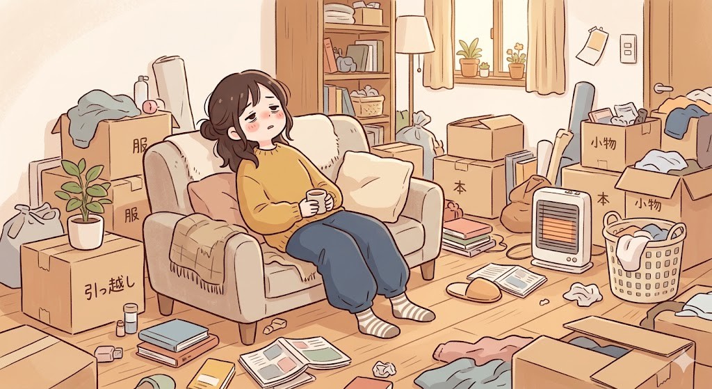 散らかった部屋でぐったりする女性のイラスト