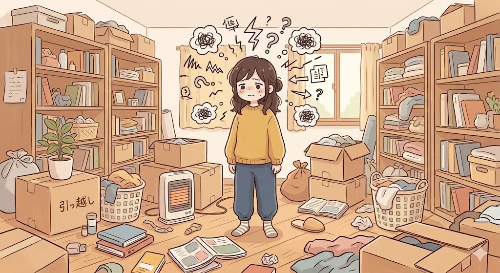 物に囲まれて視覚情報が過多になっている女性のイラスト