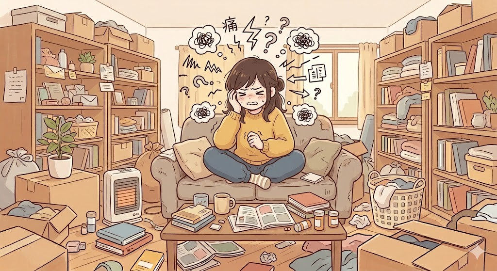 散らかった部屋でストレスを感じる女性のイラスト