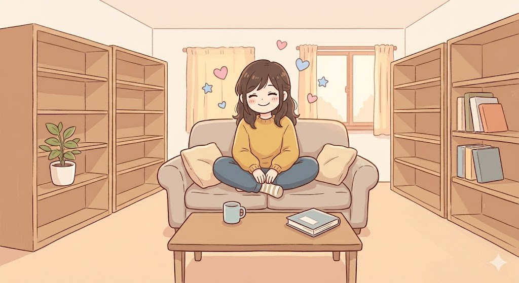 スッキリした部屋でくつろぐ女性のイラスト