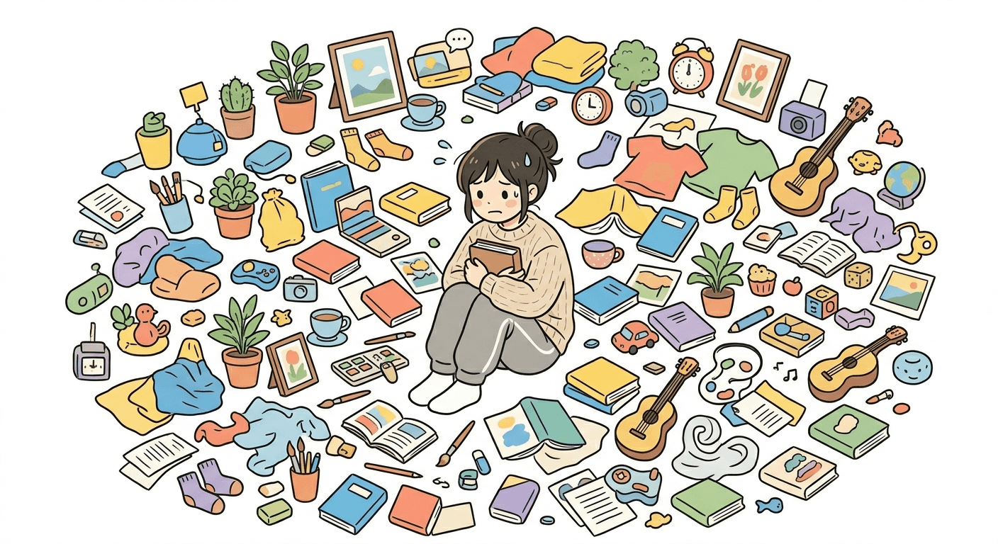 物に囲まれて困っている女性のイラスト