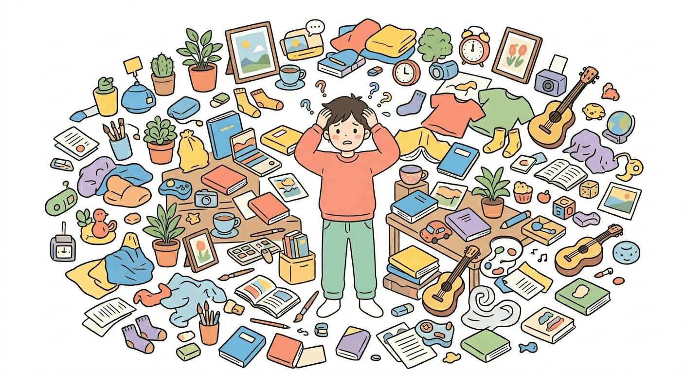 選択肢が多すぎて迷っている男性のイラスト
