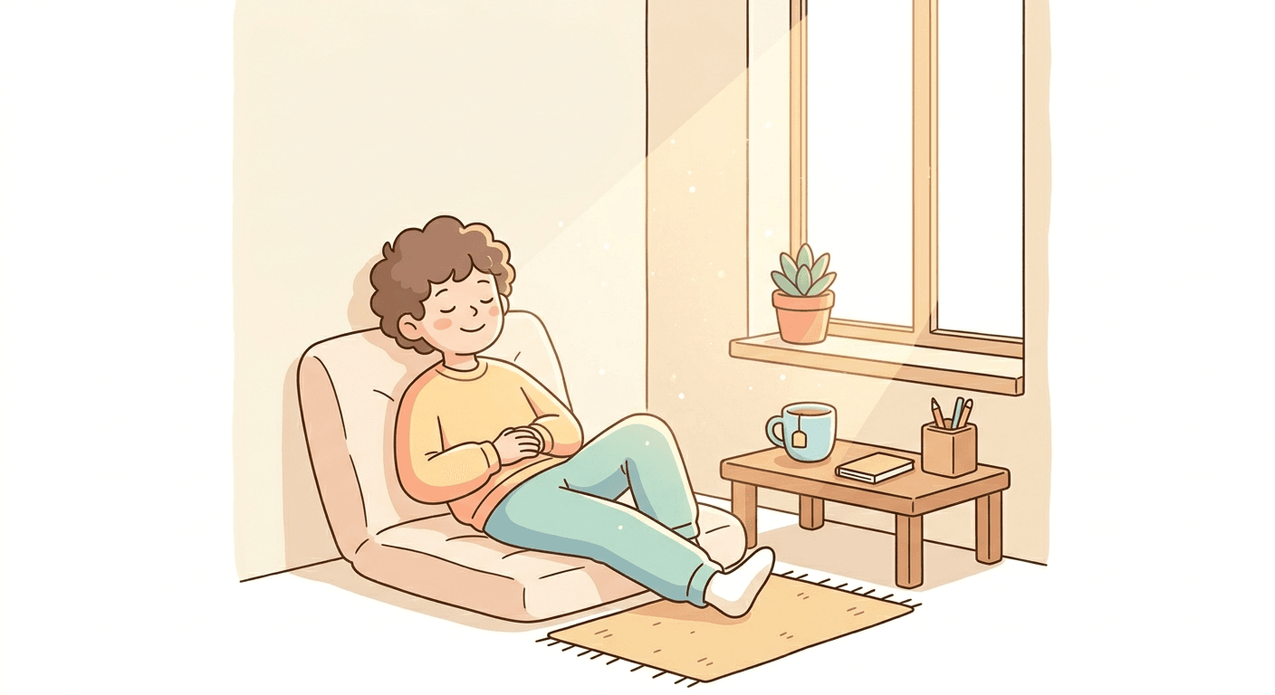 ミニマルな部屋でゆったりくつろぐ人のイラスト