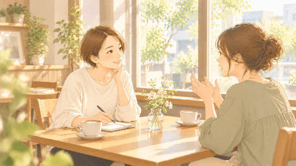 カフェの窓際の席で向かい合い、メモを取りながら話しているイラスト