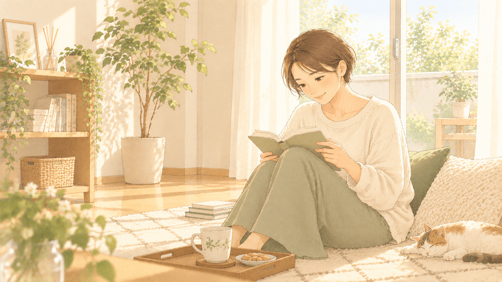 物が減って明るくなった部屋で、床に座って本を読んでくつろいでいるイラスト。そばに猫がいる