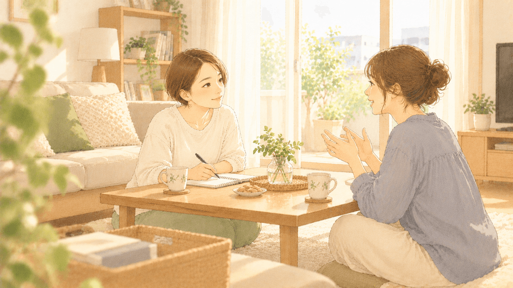 リビングのテーブルを挟んで向かい合い、ノートに書きながら話を聞いているイラスト