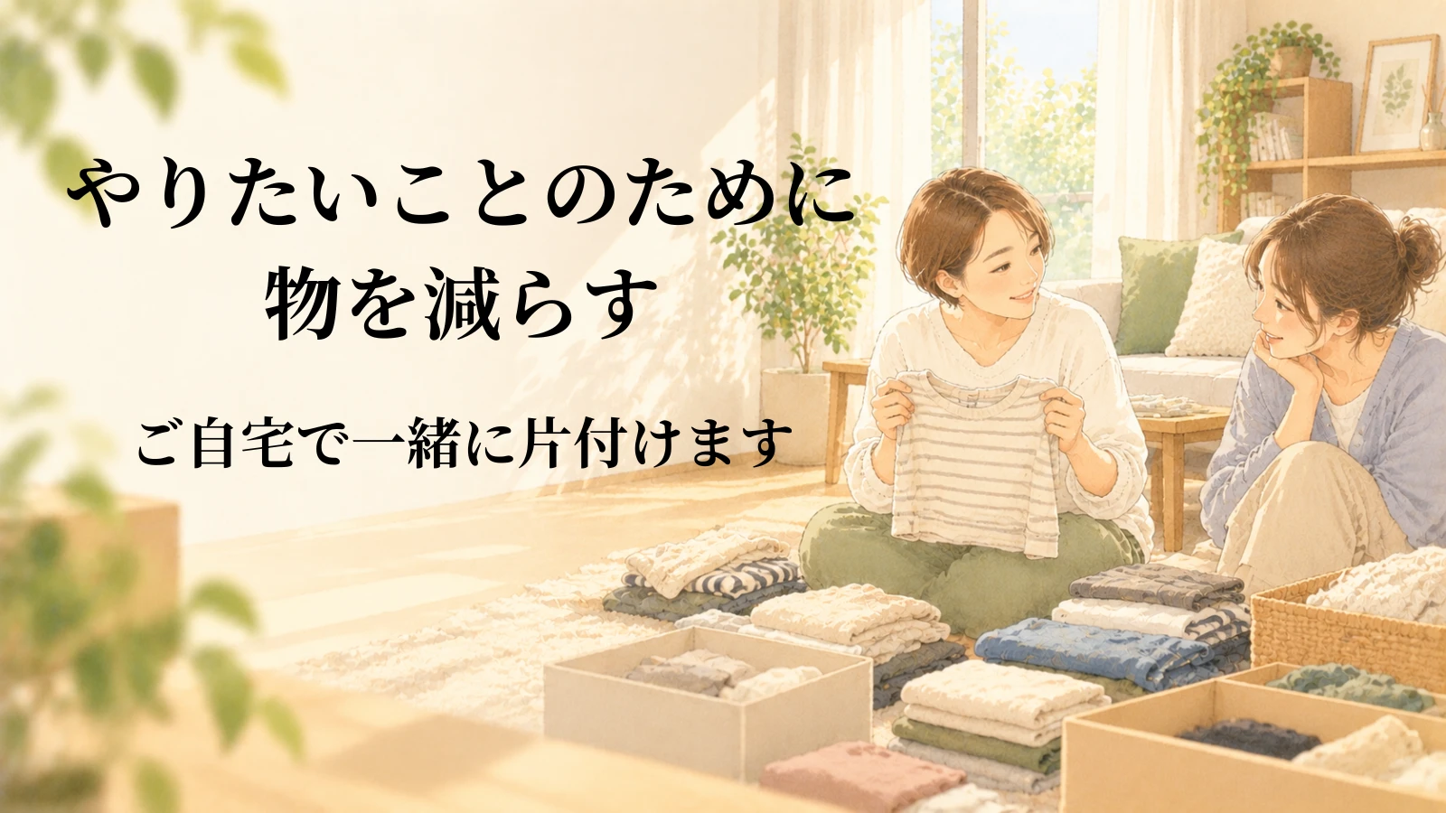 やりたいことのために物を減らす。ご自宅で一緒に片付けます。たたんだ服を前に、2人で話しながら仕分けているイラスト